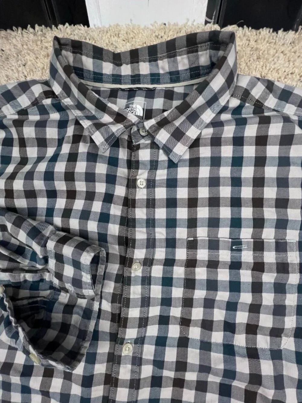The North Face Button Up Shirt Men 2XL Gray Check Cotton Long Sleeve Lightweight